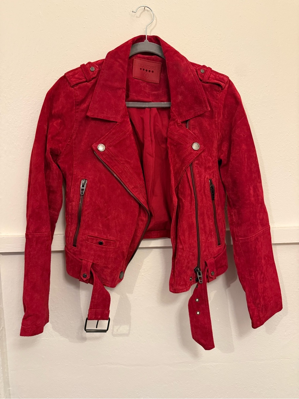 BLANKNYC Red Suede Cropped Moto Jacket Leather Biker Belted Size S